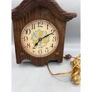 Vtg Spartus Electric Wall Clock With Floral Face Design‎ Faux Wood Retro